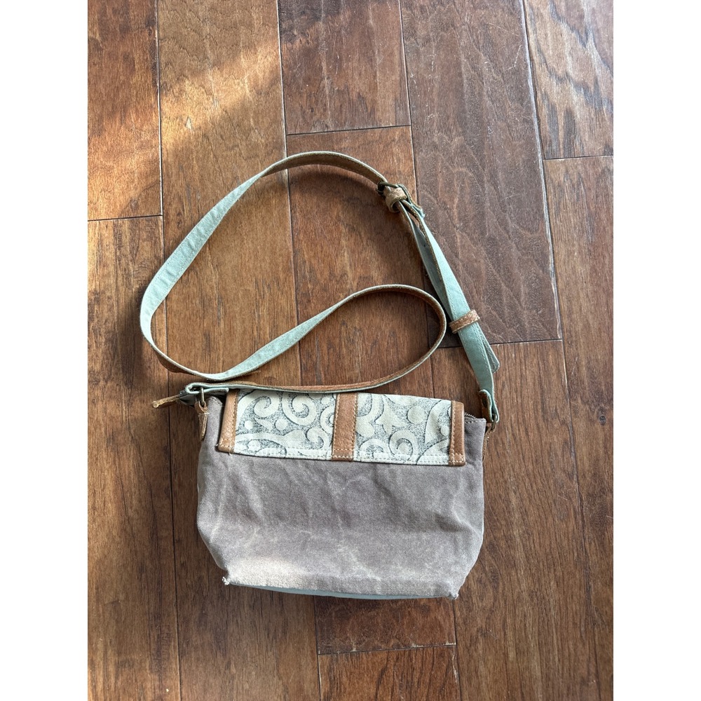 Myra Bag Canvas Leather Embossed Flap Crossbody Messenger Bag Tan Brown - Picture 2 of 7